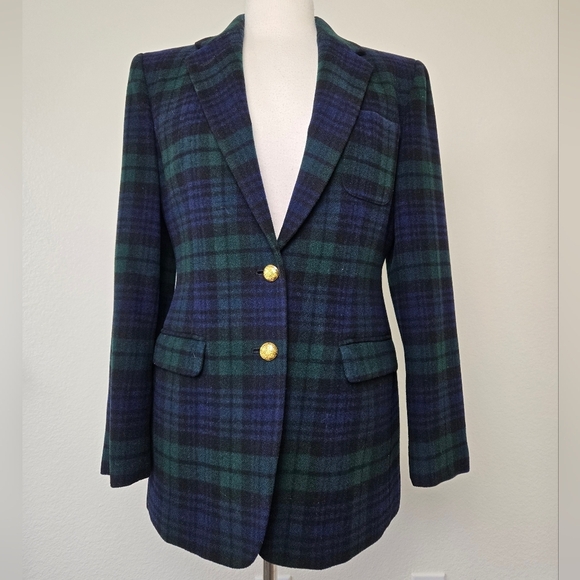 Vintage Ralph Lauren Tartan Plaid Wool Cashmere Check Blazer Green Navy Size 8P - Picture 2 of 15